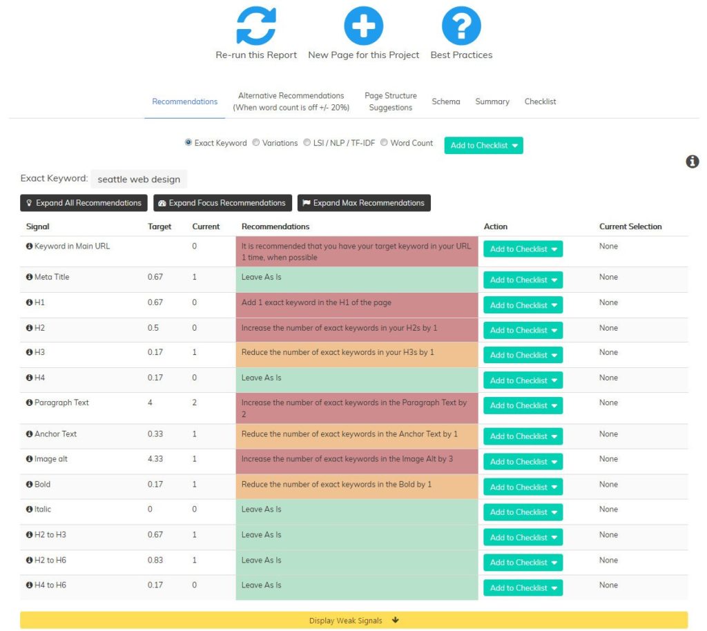 Pageoptimizer PRO Report, Page Signal Suggestions