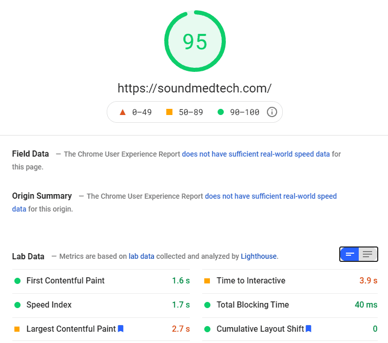 Screenshot showing the PageSpeed results of the new Sound Med Tech Website