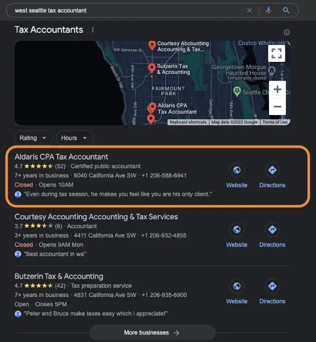 screenshot of logic inbound accountant client ranking first in google business listings