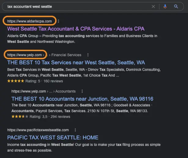 screenshot showing accountant client ranking in the top spot on google