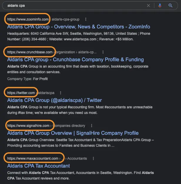 screenshot of google search engine results that highlight local competitors for accountants