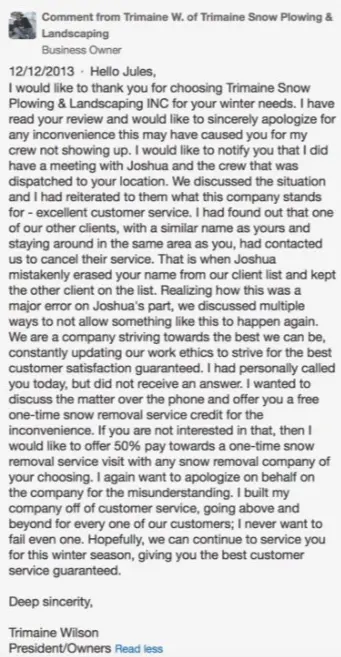 screenshot of a business owner responding to a negative review online