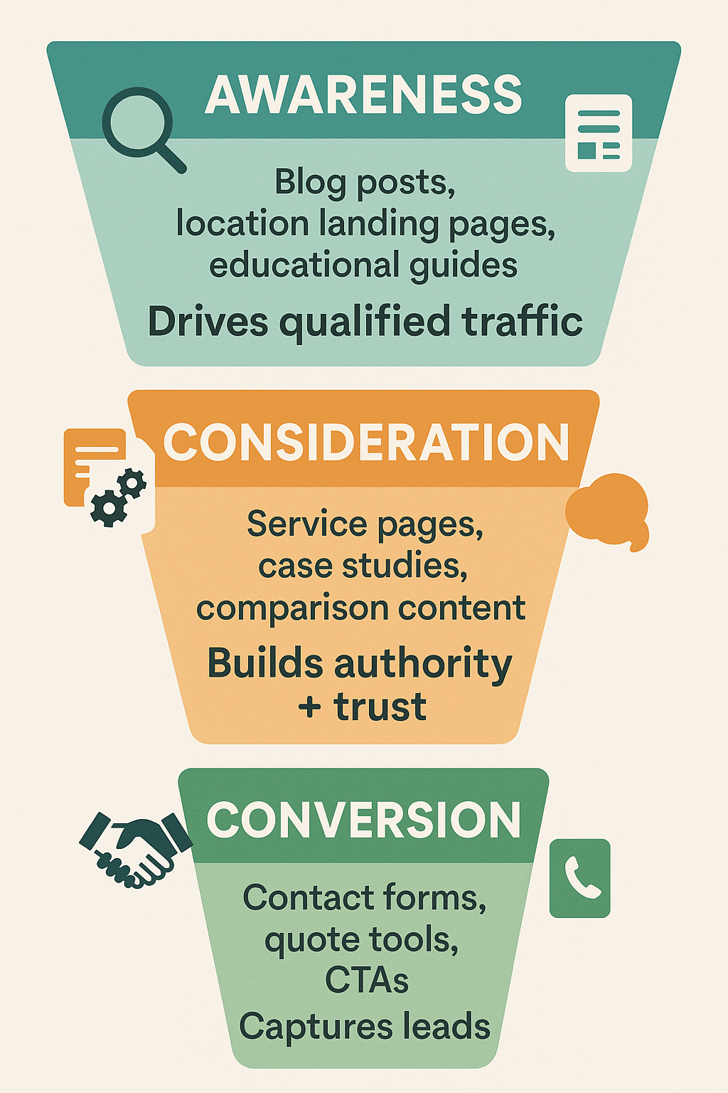 Funnel visual with SEO building authority and rankings at each stage Funnel visual with SEO building authority and rankings at each stage