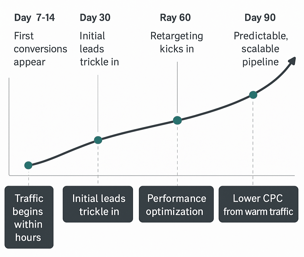 Timeline showing lead flow from Day 1 to Day 90 with Google Ads Timeline showing lead flow from Day 1 to Day 90 with Google Ads
