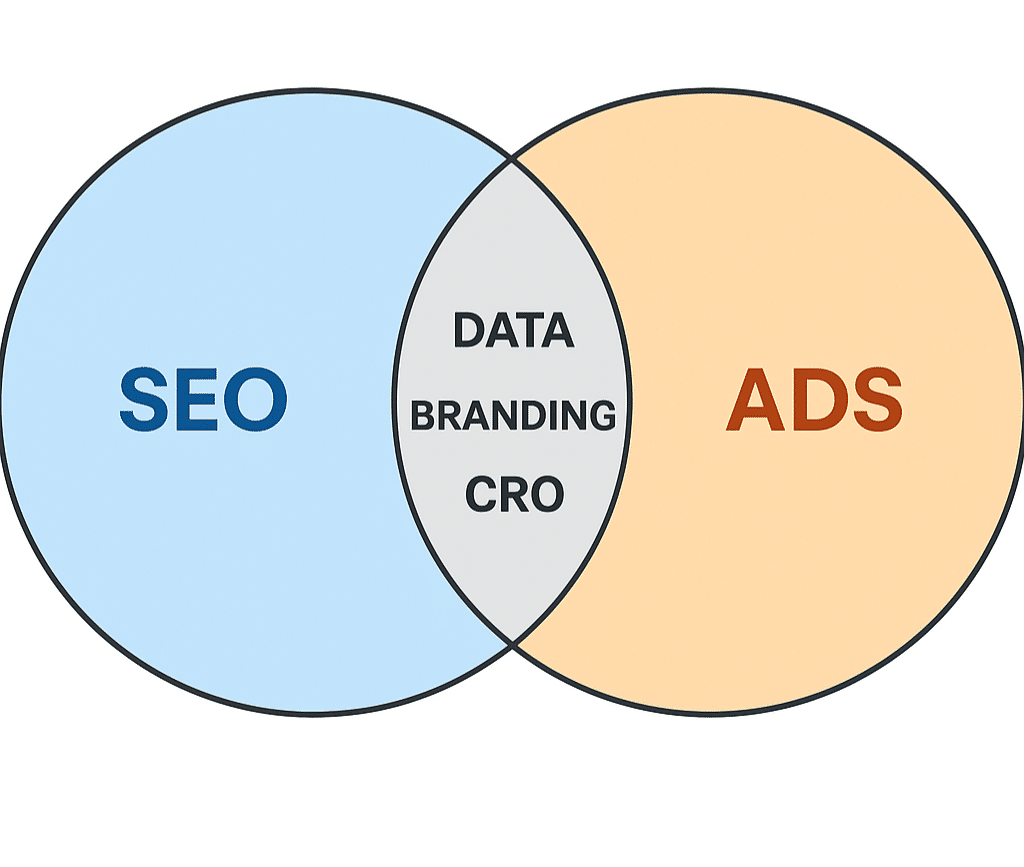 Venn diagram of SEO + Ads with overlaps: Data, Branding, CRO Venn diagram of SEO + Ads with overlaps: Data, Branding, CRO