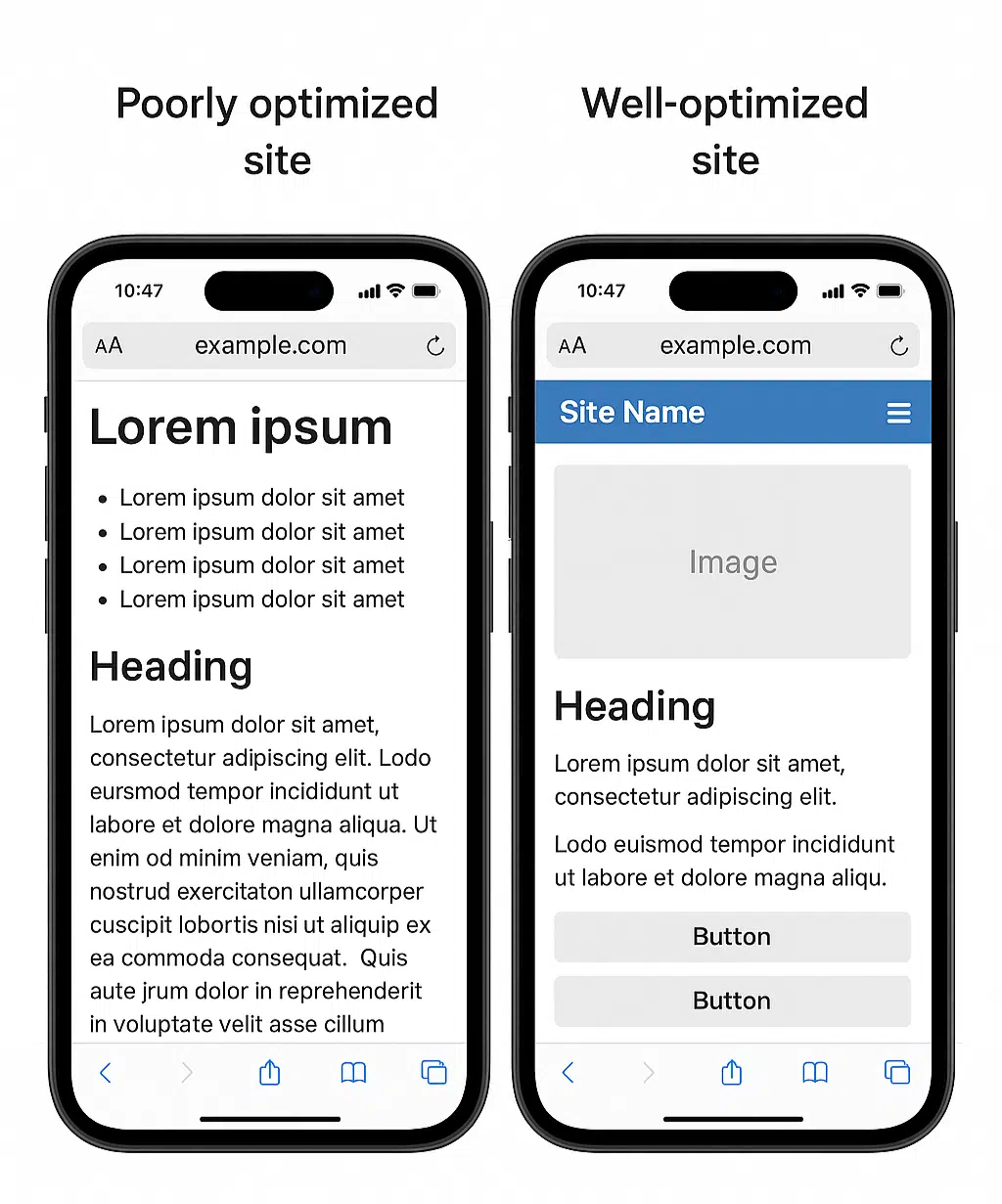 Mobile screenshot of a poorly vs. well-optimized site